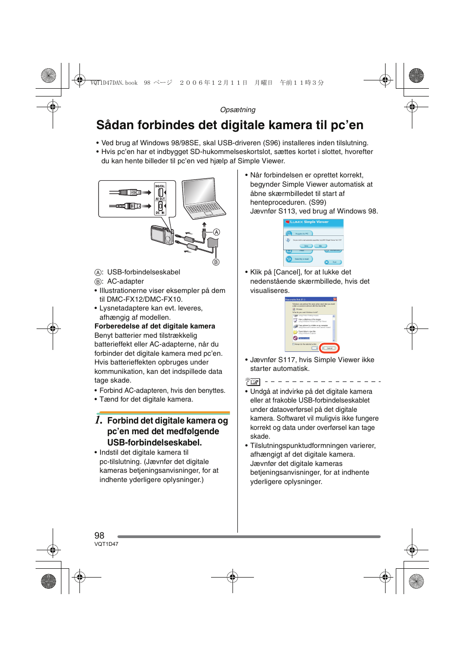 Sådan forbindes det digitale kamera til pc’en | Panasonic DMCFX30 User Manual | Page 98 / 120