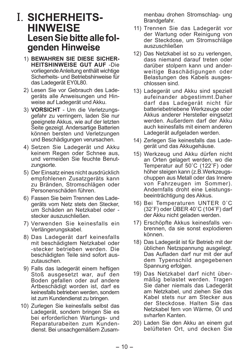 Sicherheits­ hinweise, Lesen sie bitte alle fol­ genden hinweise | Panasonic EY0L80 User Manual | Page 10 / 68