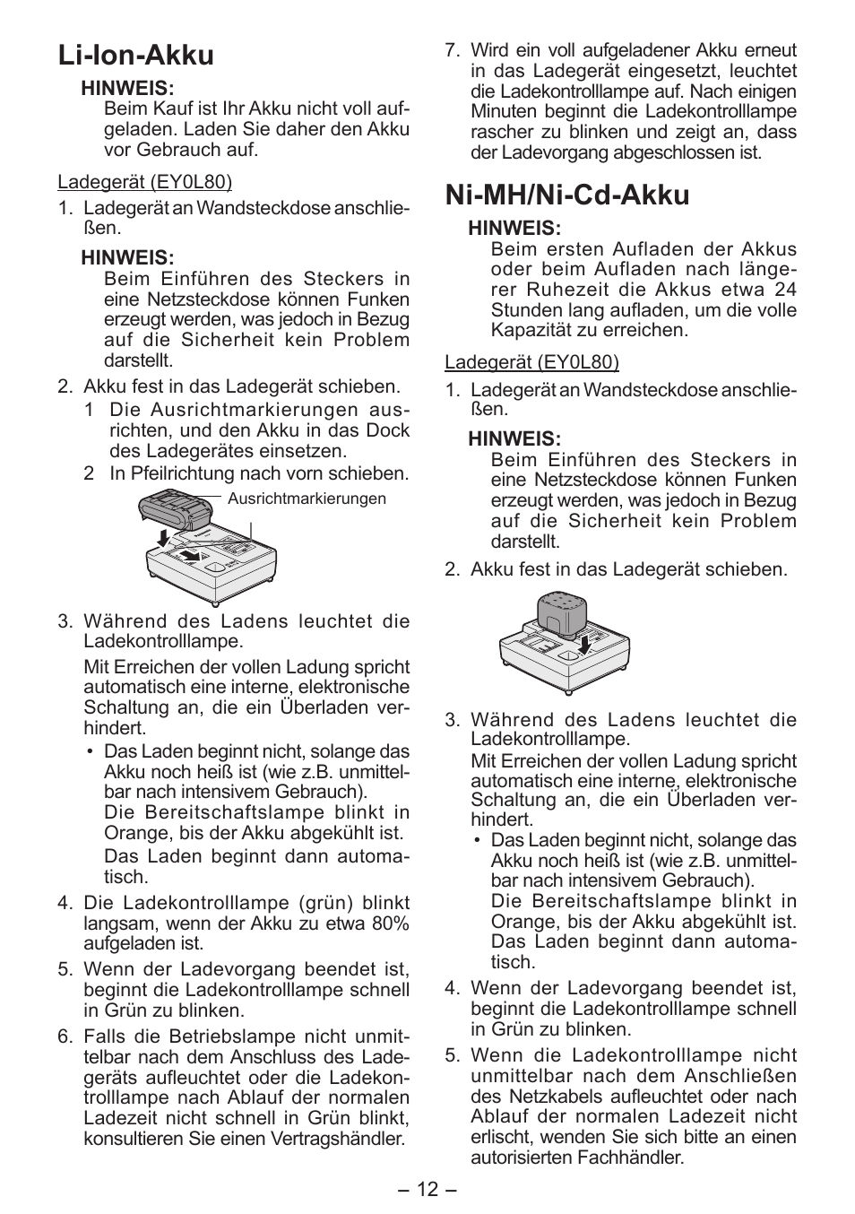 Li­ion­akku, Ni­mh/ni­cd­akku | Panasonic EY0L80 User Manual | Page 12 / 68