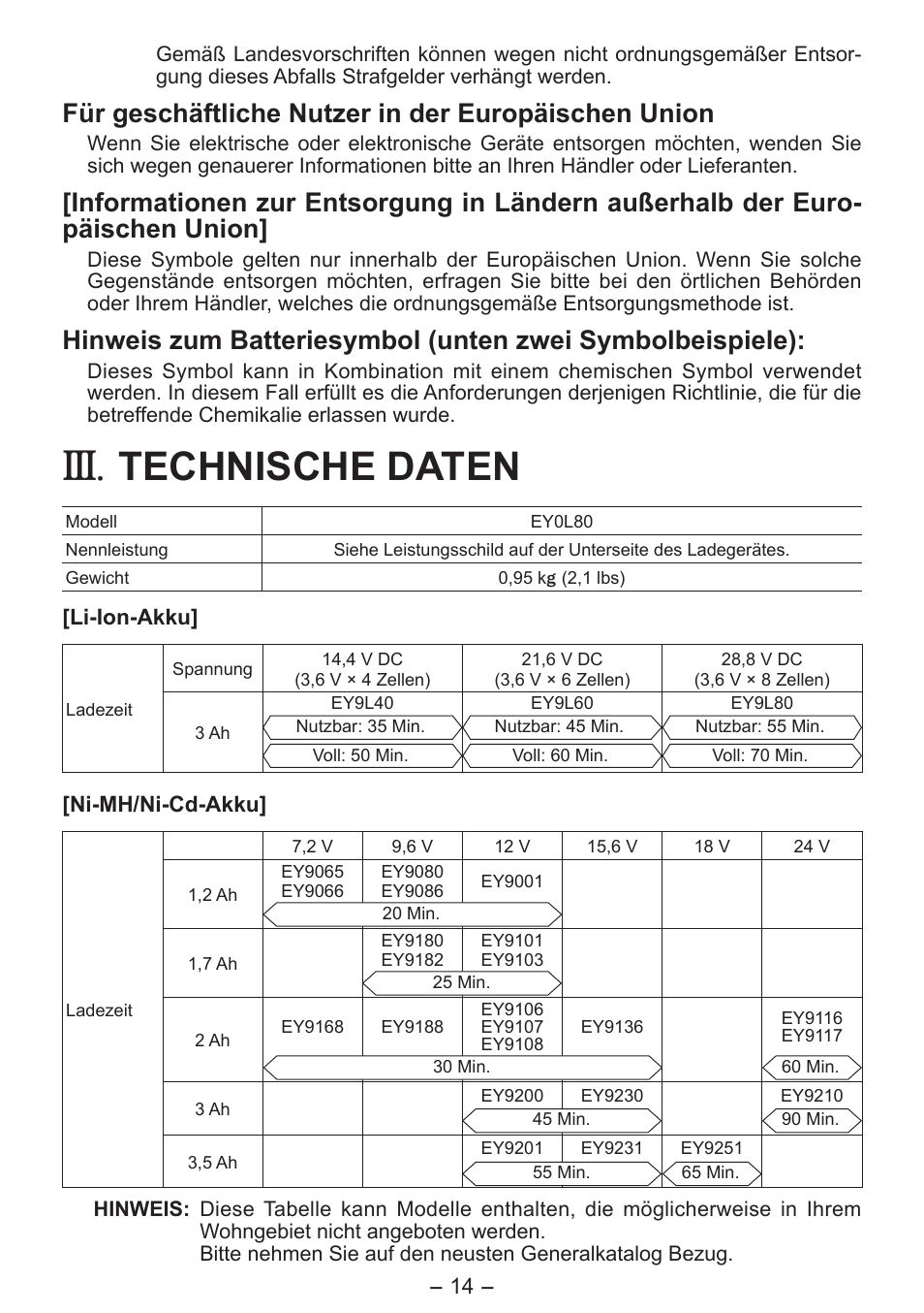 Technische daten, Für geschäftliche nutzer in der europäischen union | Panasonic EY0L80 User Manual | Page 14 / 68