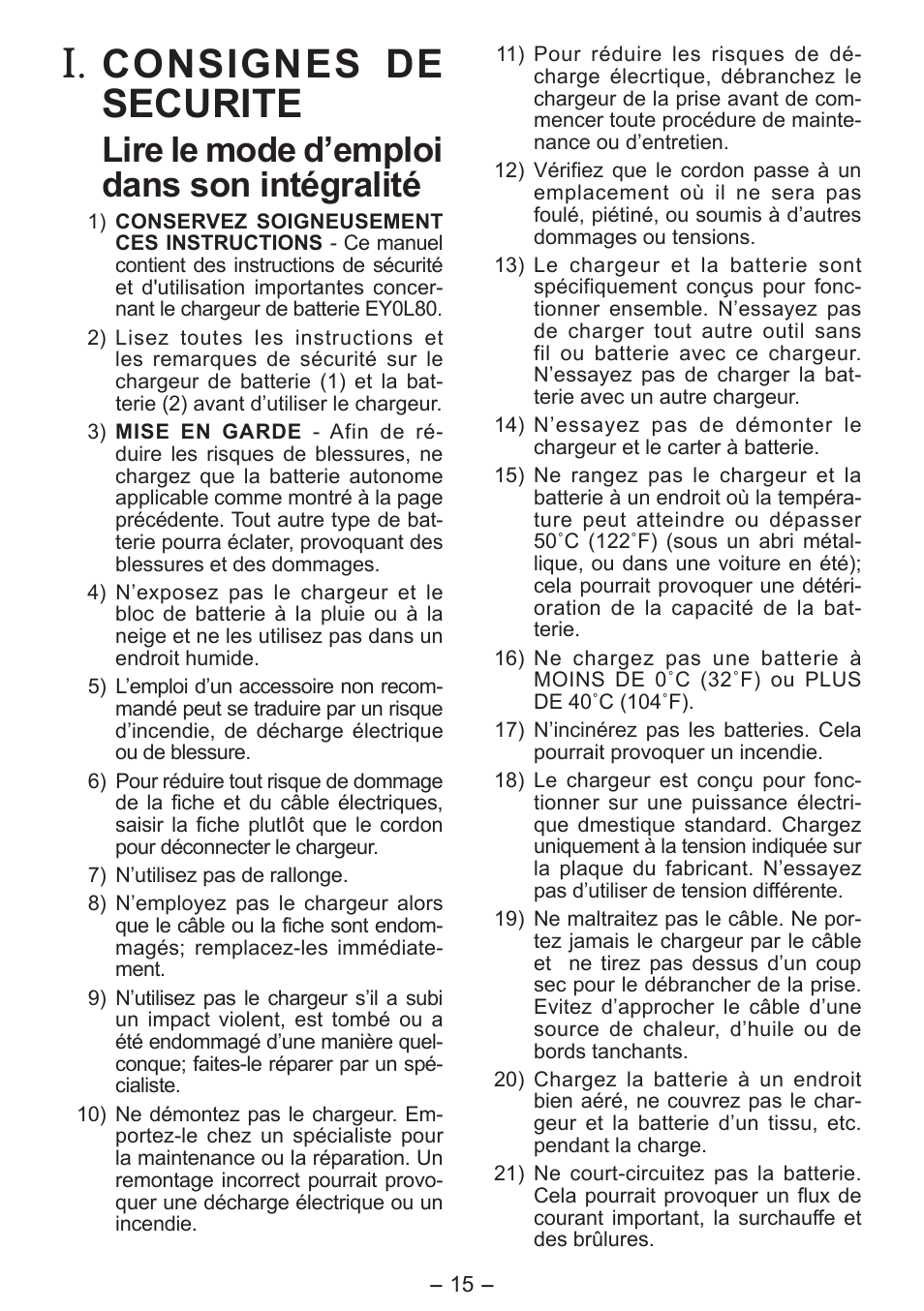Consignes de securite, Lire le mode d’emploi dans son intégralité | Panasonic EY0L80 User Manual | Page 15 / 68