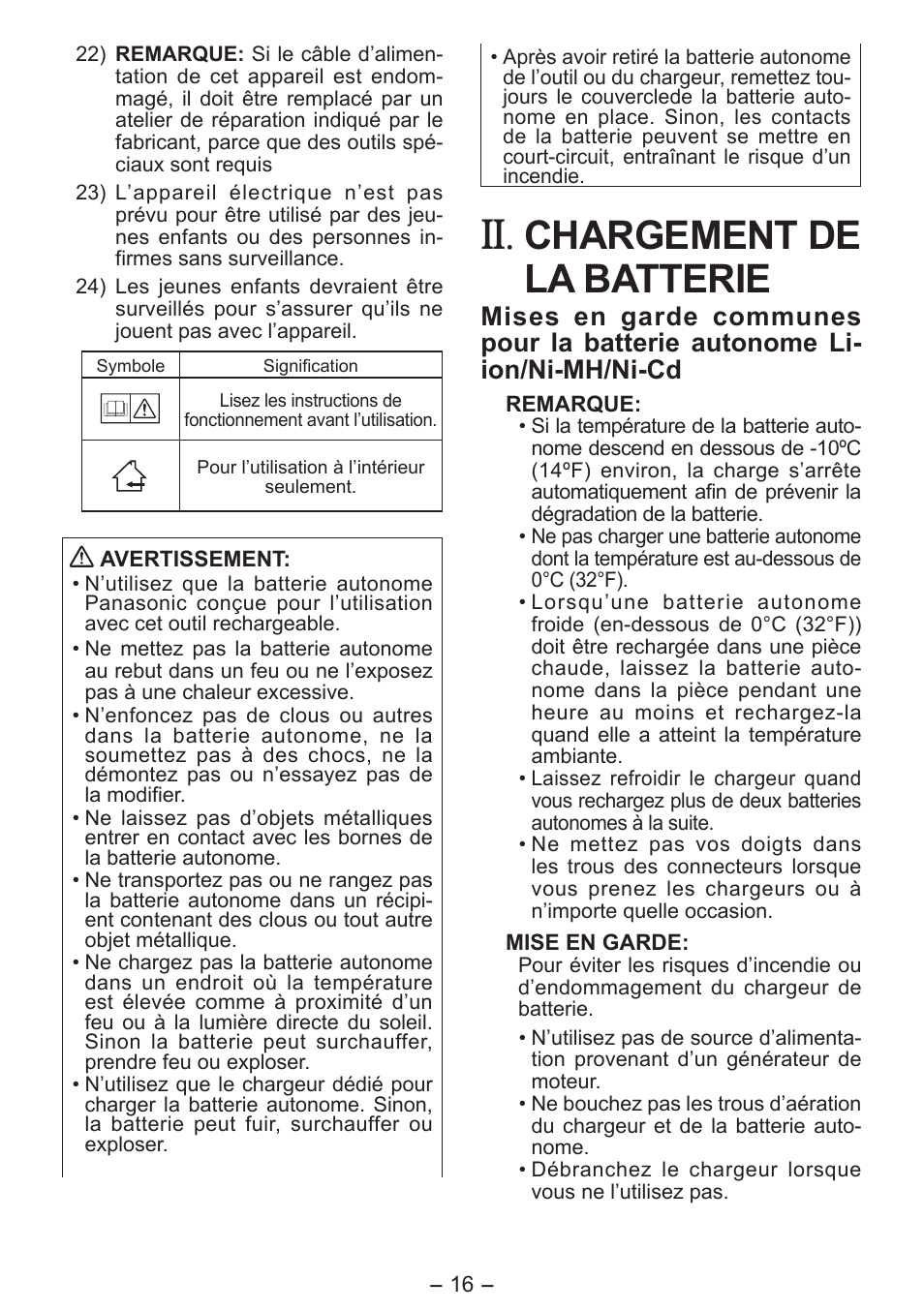 Chargement de la batterie | Panasonic EY0L80 User Manual | Page 16 / 68