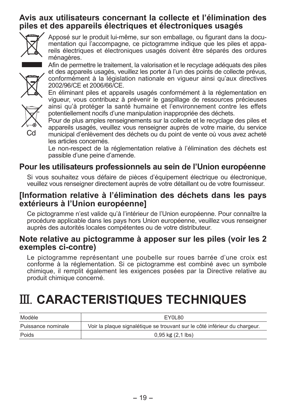 Caracteristiques techniques | Panasonic EY0L80 User Manual | Page 19 / 68