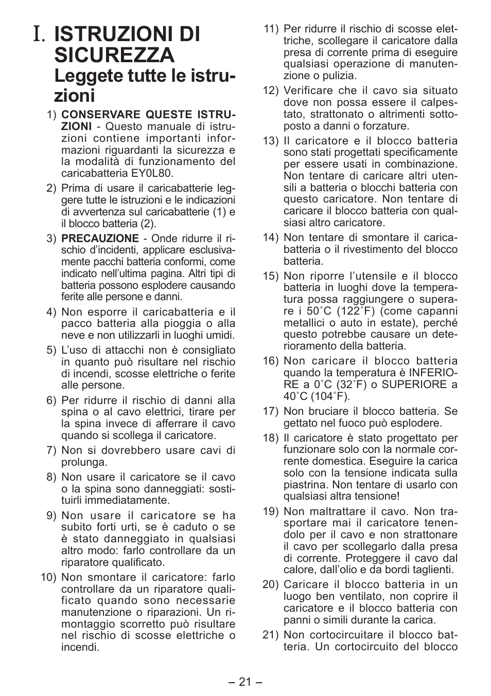 Istruzioni di sicurezza, Leggete tutte le istru­ zioni | Panasonic EY0L80 User Manual | Page 21 / 68