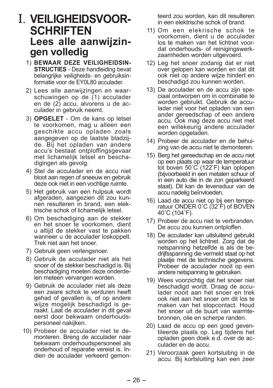 Veiligheidsvoor­ schriften, Lees alle aanwijzin­ gen volledig | Panasonic EY0L80 User Manual | Page 26 / 68