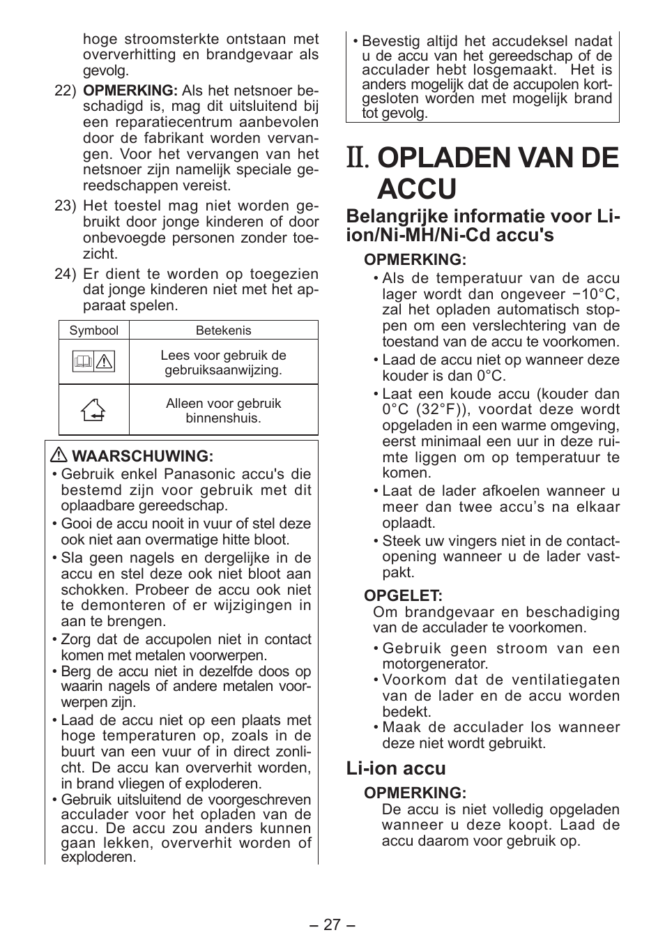 Opladen van de accu, Li­ion accu | Panasonic EY0L80 User Manual | Page 27 / 68