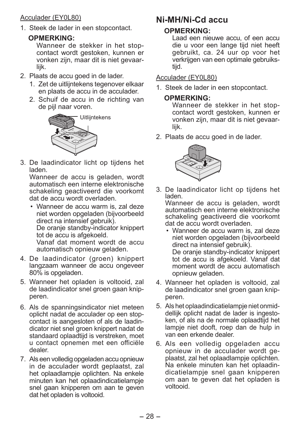 Ni­mh/ni­cd accu | Panasonic EY0L80 User Manual | Page 28 / 68