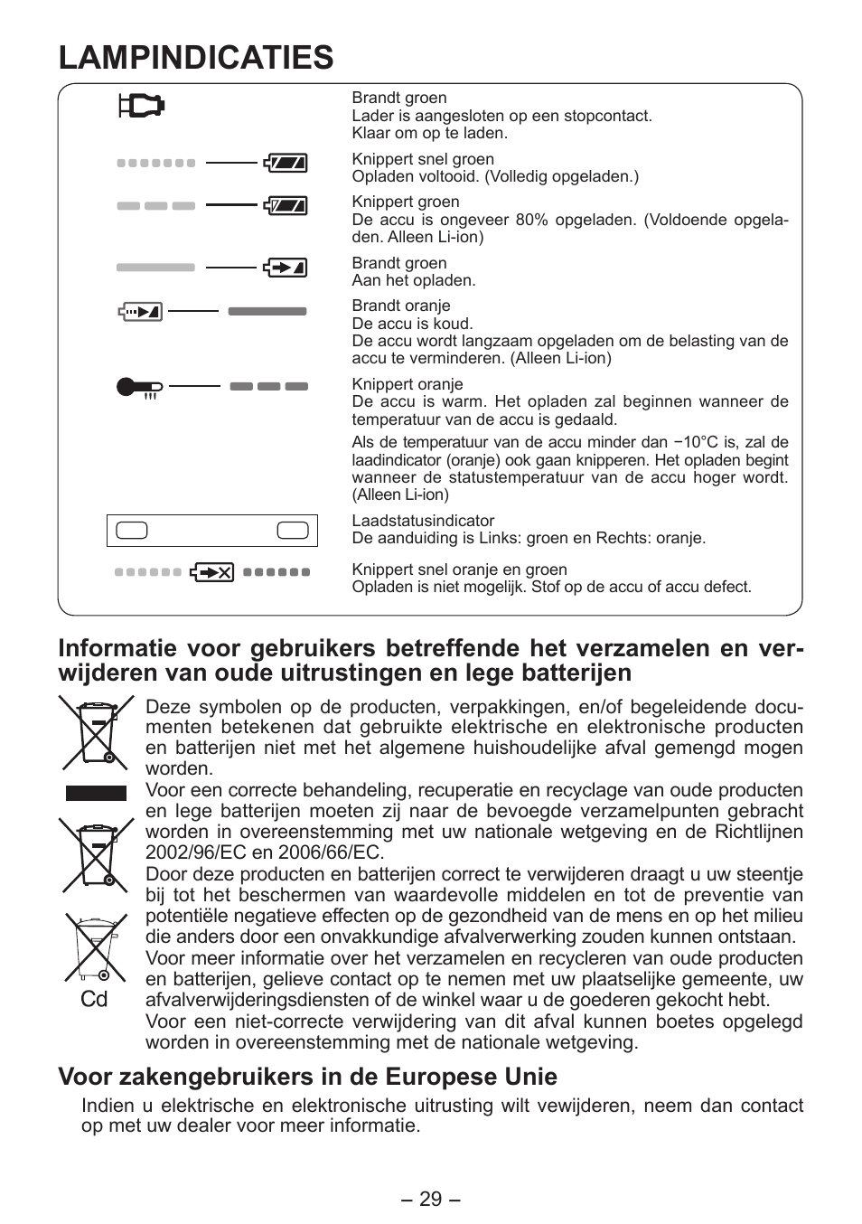 Lampindicaties, Voor zakengebruikers in de europese unie | Panasonic EY0L80 User Manual | Page 29 / 68