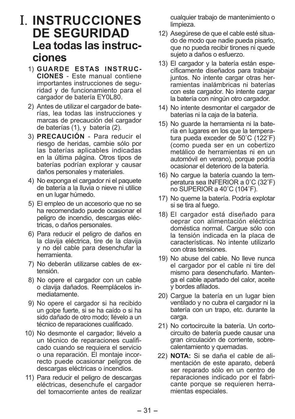 Instrucciones de seguridad, Lea todas las instruc­ ciones | Panasonic EY0L80 User Manual | Page 31 / 68