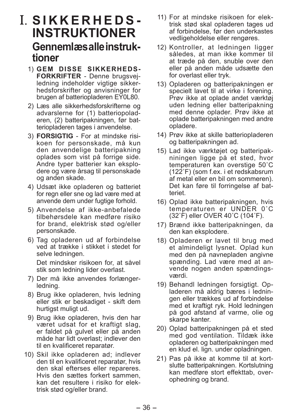 Gennemlæs alle instruk­ tioner | Panasonic EY0L80 User Manual | Page 36 / 68