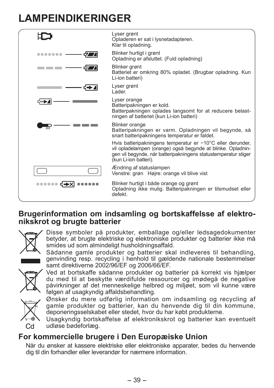 Lampeindikeringer, For kommercielle brugere i den europæiske union | Panasonic EY0L80 User Manual | Page 39 / 68