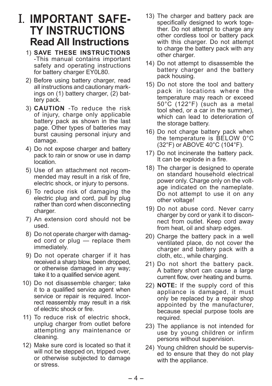 Important safe­ ty instructions, Read all instructions | Panasonic EY0L80 User Manual | Page 4 / 68
