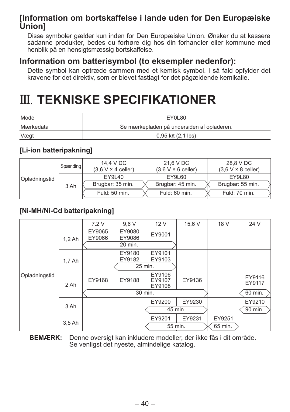 Tekniske specifikationer | Panasonic EY0L80 User Manual | Page 40 / 68