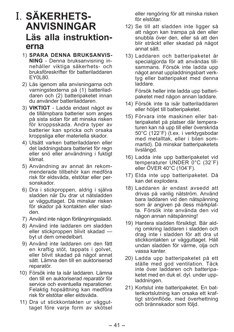 Säkerhets­ anvisningar, Läs alla instruktion­ erna | Panasonic EY0L80 User Manual | Page 41 / 68