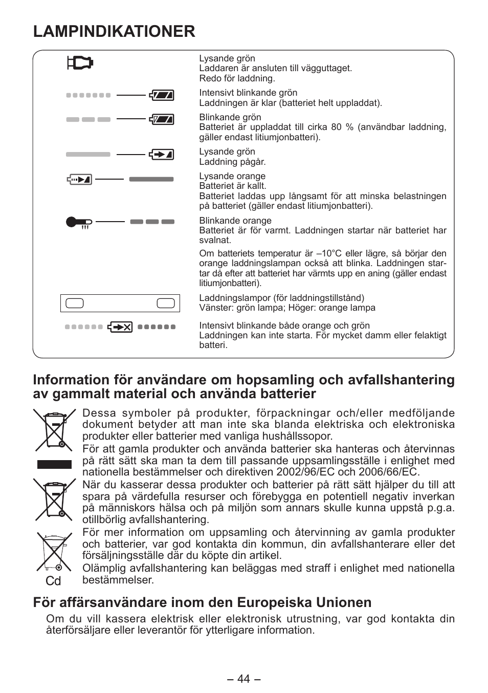 Lampindikationer, För affärsanvändare inom den europeiska unionen | Panasonic EY0L80 User Manual | Page 44 / 68
