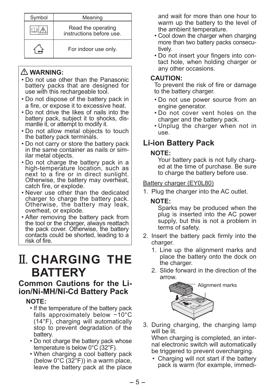 Charging the battery, Li­ion battery pack | Panasonic EY0L80 User Manual | Page 5 / 68