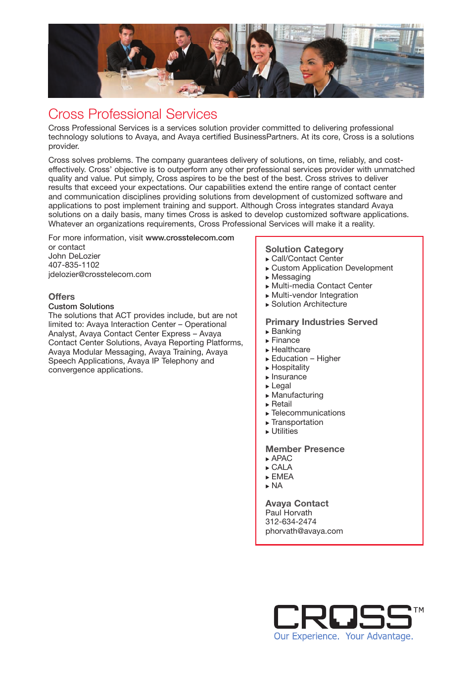 Crossprofservices, Cross professional services, Offers | Solution category, Primary industries served, Member presence, Avaya contact | Avaya Innovations 2 User Manual | Page 13 / 51