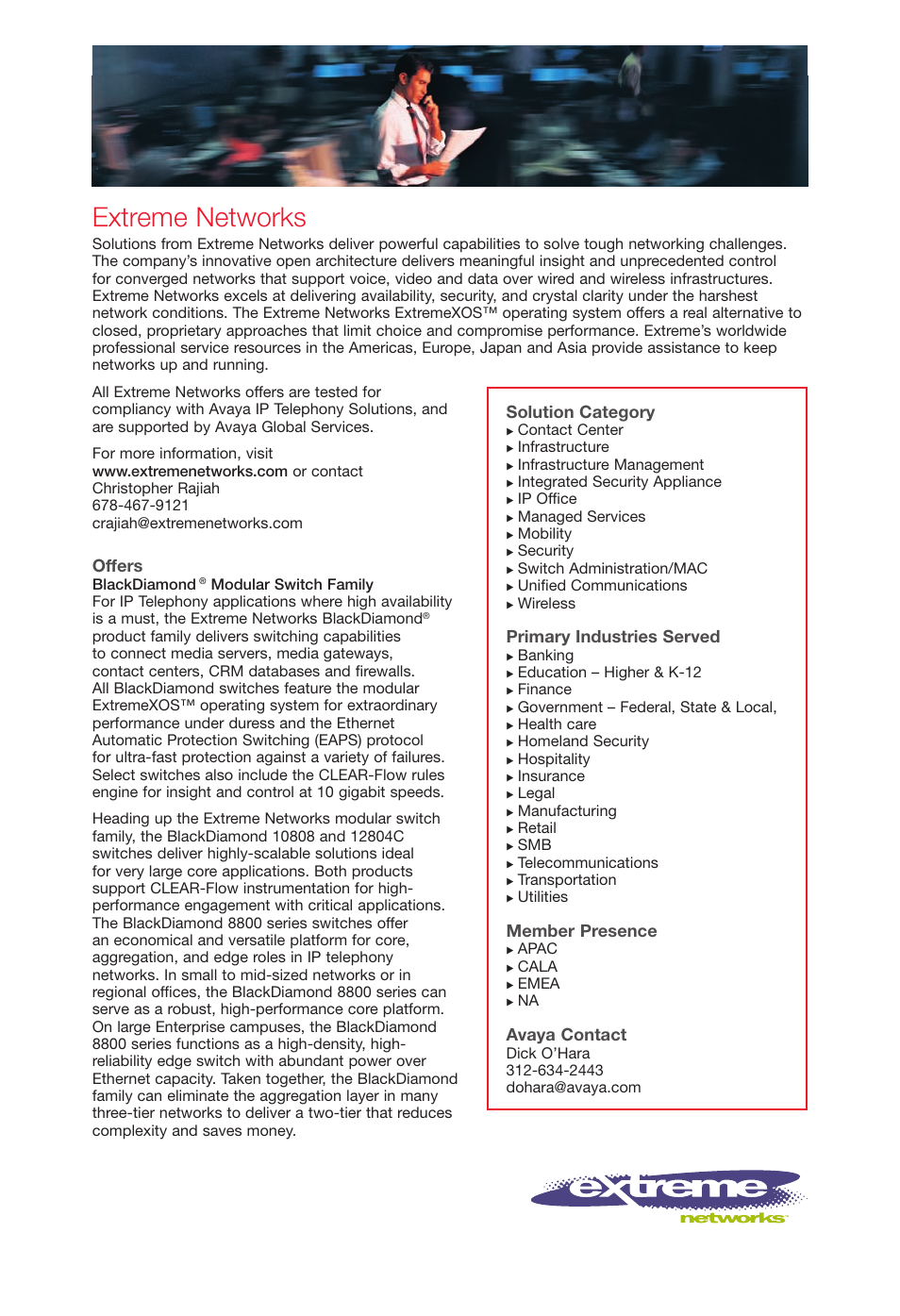 Extremenetworks, Extreme networks, Offers | Solution category, Primary industries served, Member presence, Avaya contact | Avaya Innovations 2 User Manual | Page 14 / 51