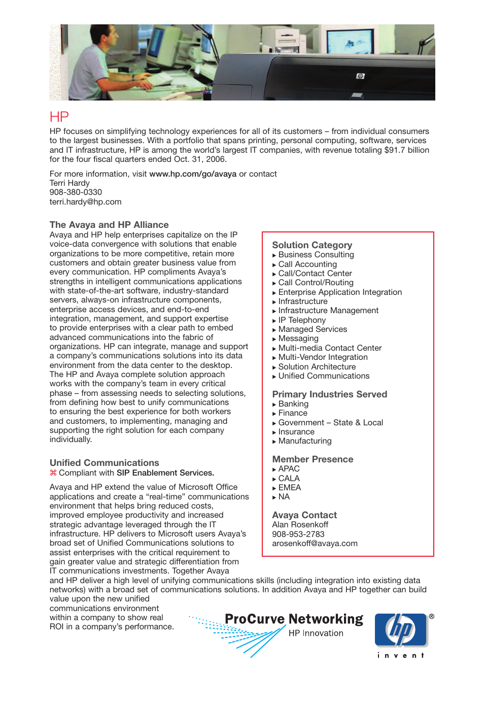 The avaya and hp alliance, Unified communications, Solution category | Primary industries served, Member presence, Avaya contact | Avaya Innovations 2 User Manual | Page 17 / 51