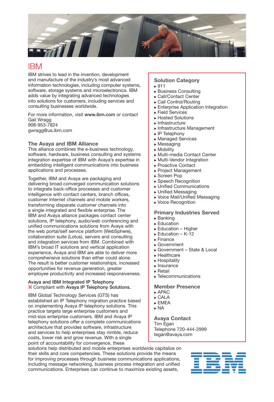 The avaya and ibm alliance, Solution category, Primary industries served | Member presence, Avaya contact | Avaya Innovations 2 User Manual | Page 19 / 51