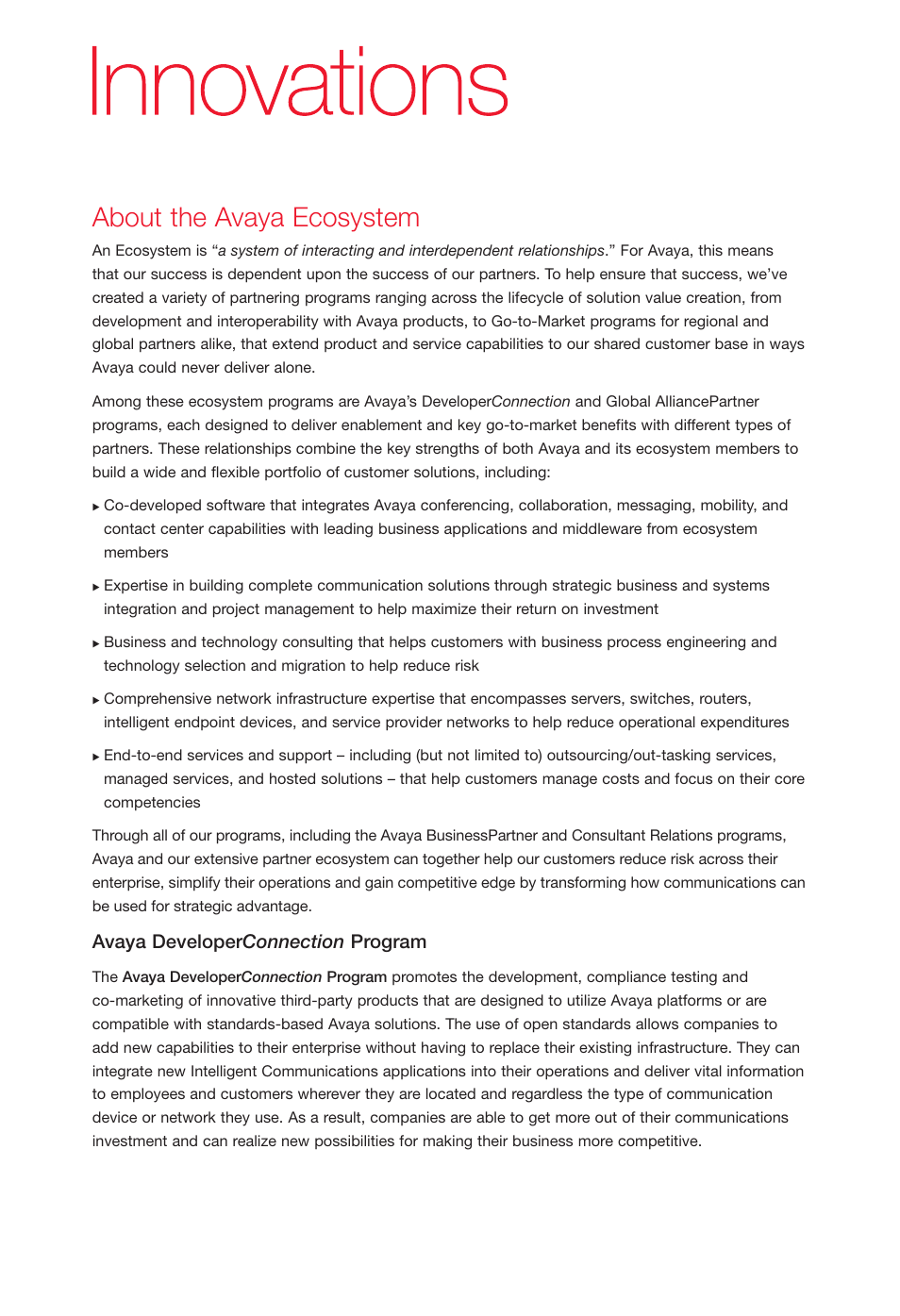 About the avaya ecosystem, Avaya developer connection program | Avaya Innovations 2 User Manual | Page 2 / 51