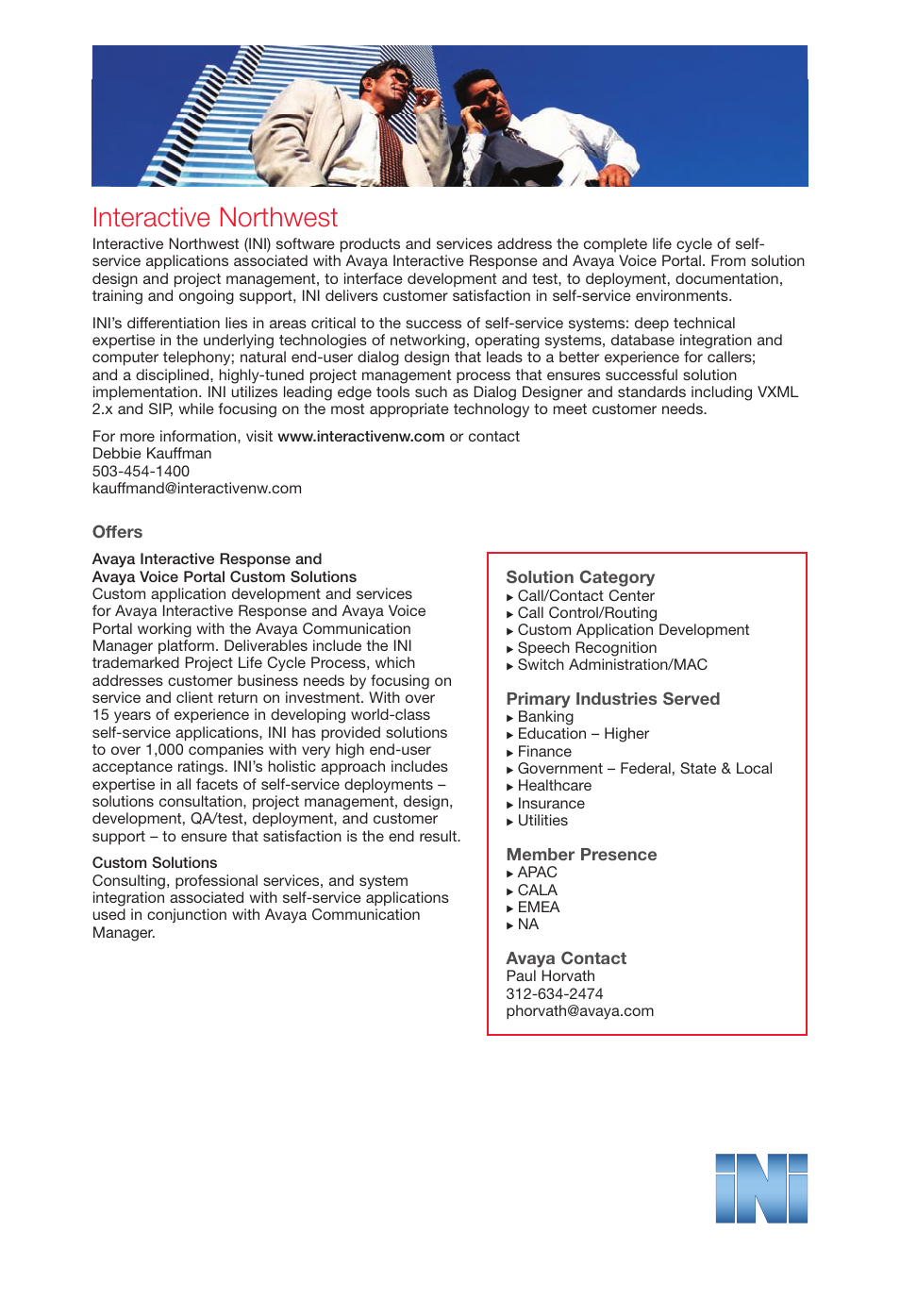 Interactivenorthwest, Interactive northwest, Offers | Solution category, Primary industries served, Member presence, Avaya contact | Avaya Innovations 2 User Manual | Page 22 / 51