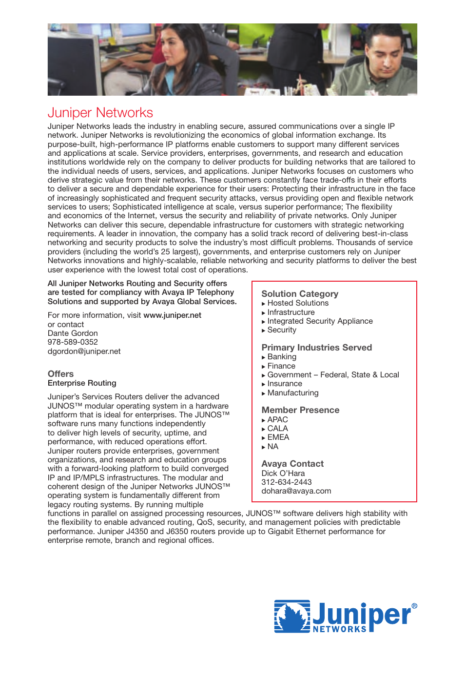 Junipernetworks, Juniper networks, Offers | Solution category, Primary industries served, Member presence, Avaya contact | Avaya Innovations 2 User Manual | Page 27 / 51