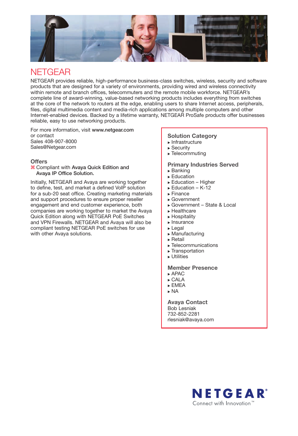 Netgear, Offers, Solution category | Primary industries served, Member presence, Avaya contact | Avaya Innovations 2 User Manual | Page 35 / 51