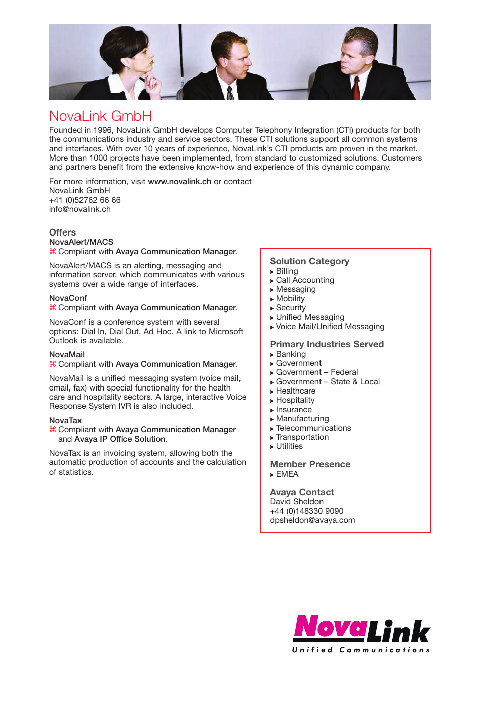 Novalink_gmbh, Novalink gmbh, Offers | Solution category, Primary industries served, Member presence, Avaya contact | Avaya Innovations 2 User Manual | Page 36 / 51