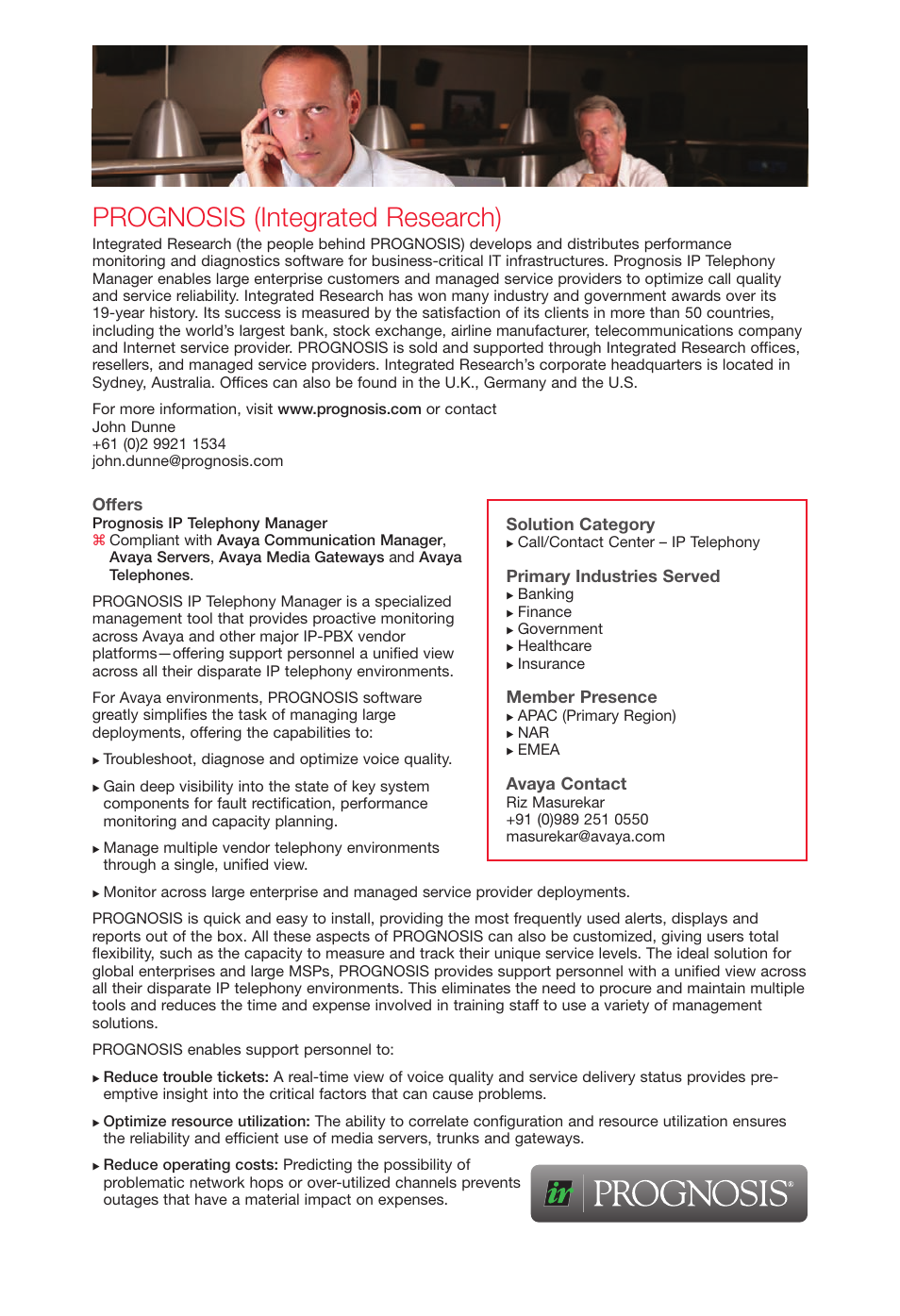 Prognosis, Prognosis (integrated research), Offers | Solution category, Primary industries served, Member presence, Avaya contact | Avaya Innovations 2 User Manual | Page 39 / 51