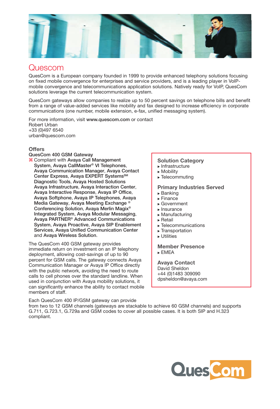 Quescom, Offers, Solution category | Primary industries served, Member presence, Avaya contact | Avaya Innovations 2 User Manual | Page 40 / 51