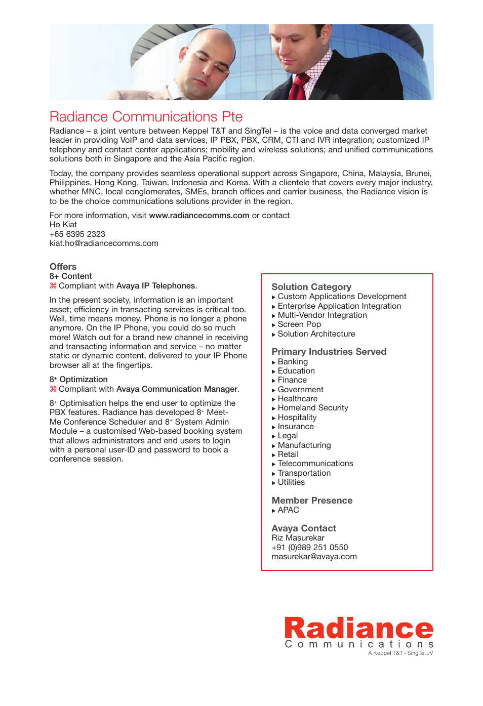 Radiancecommunications, Radiance communications pte, Offers | Solution category, Primary industries served, Member presence, Avaya contact | Avaya Innovations 2 User Manual | Page 41 / 51