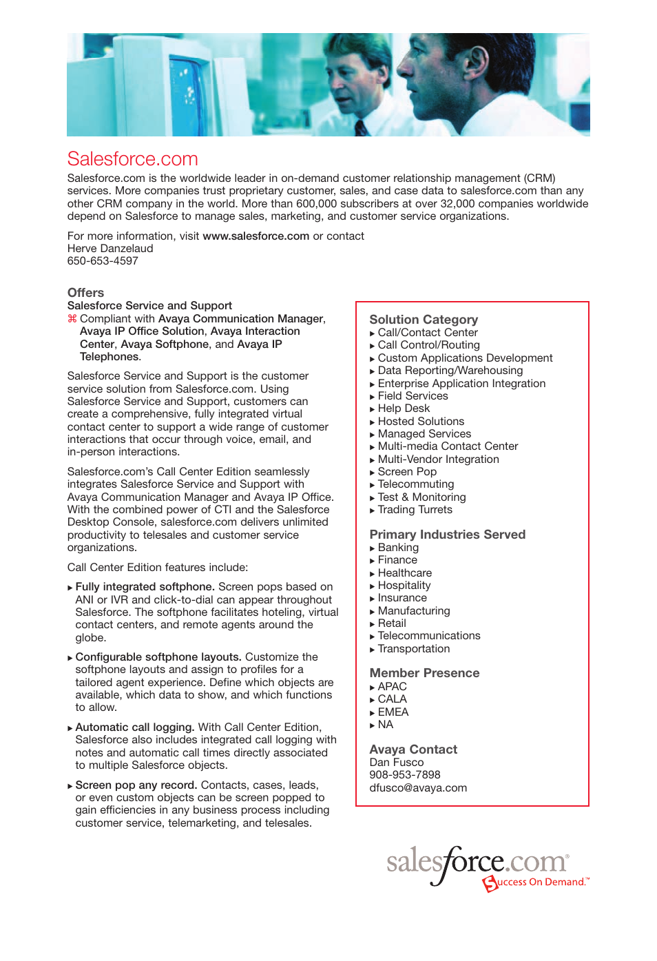 Salesforce-com, Offers, Solution category | Primary industries served, Member presence, Avaya contact | Avaya Innovations 2 User Manual | Page 42 / 51