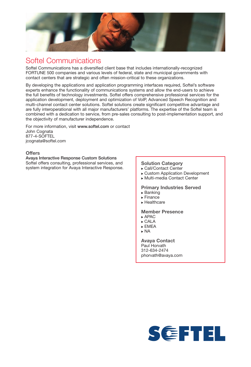 Softelcommunications, Softel communications, Offers | Solution category, Primary industries served, Member presence, Avaya contact | Avaya Innovations 2 User Manual | Page 45 / 51