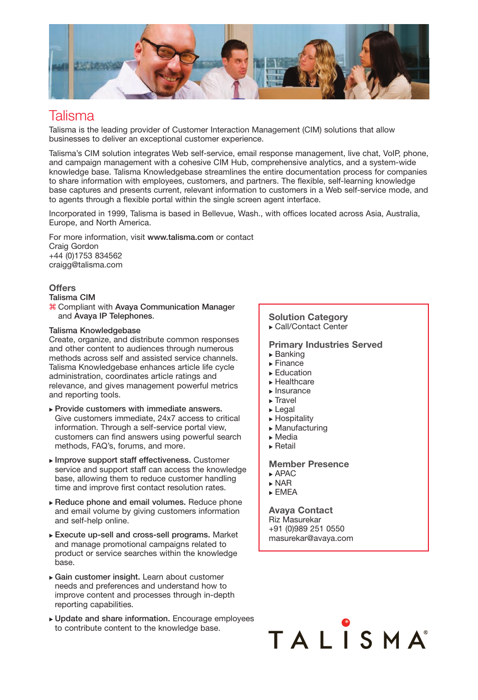 Talisma, Offers, Solution category | Primary industries served, Member presence, Avaya contact | Avaya Innovations 2 User Manual | Page 46 / 51