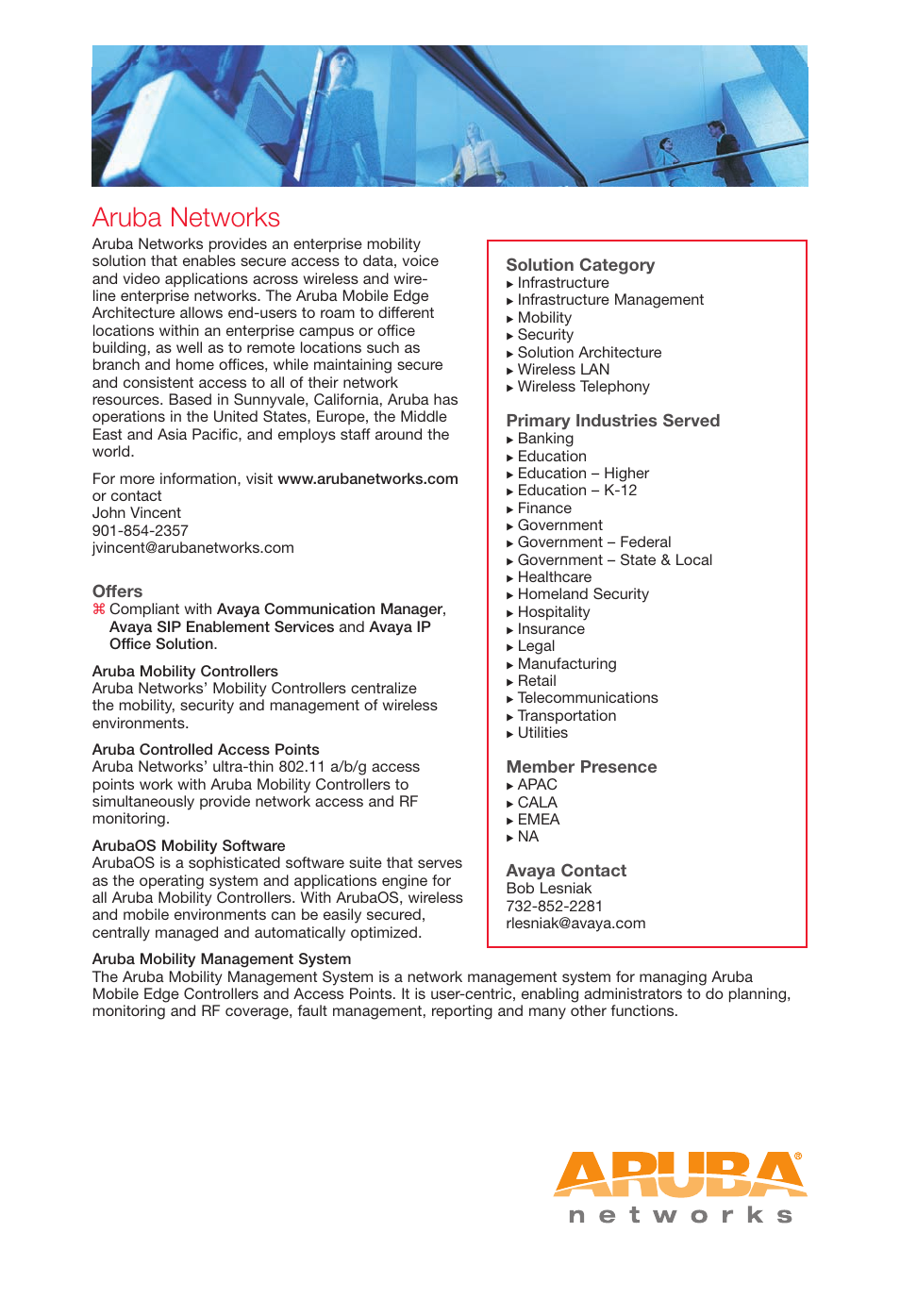 Arubanetworks, Aruba networks, Offers | Solution category, Primary industries served, Member presence, Avaya contact | Avaya Innovations 2 User Manual | Page 5 / 51
