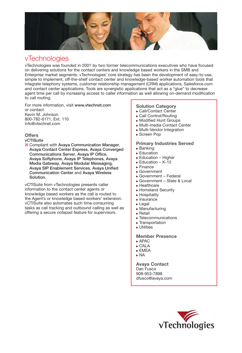 Vtechnologies, Offers, Solution category | Primary industries served, Member presence, Avaya contact | Avaya Innovations 2 User Manual | Page 50 / 51