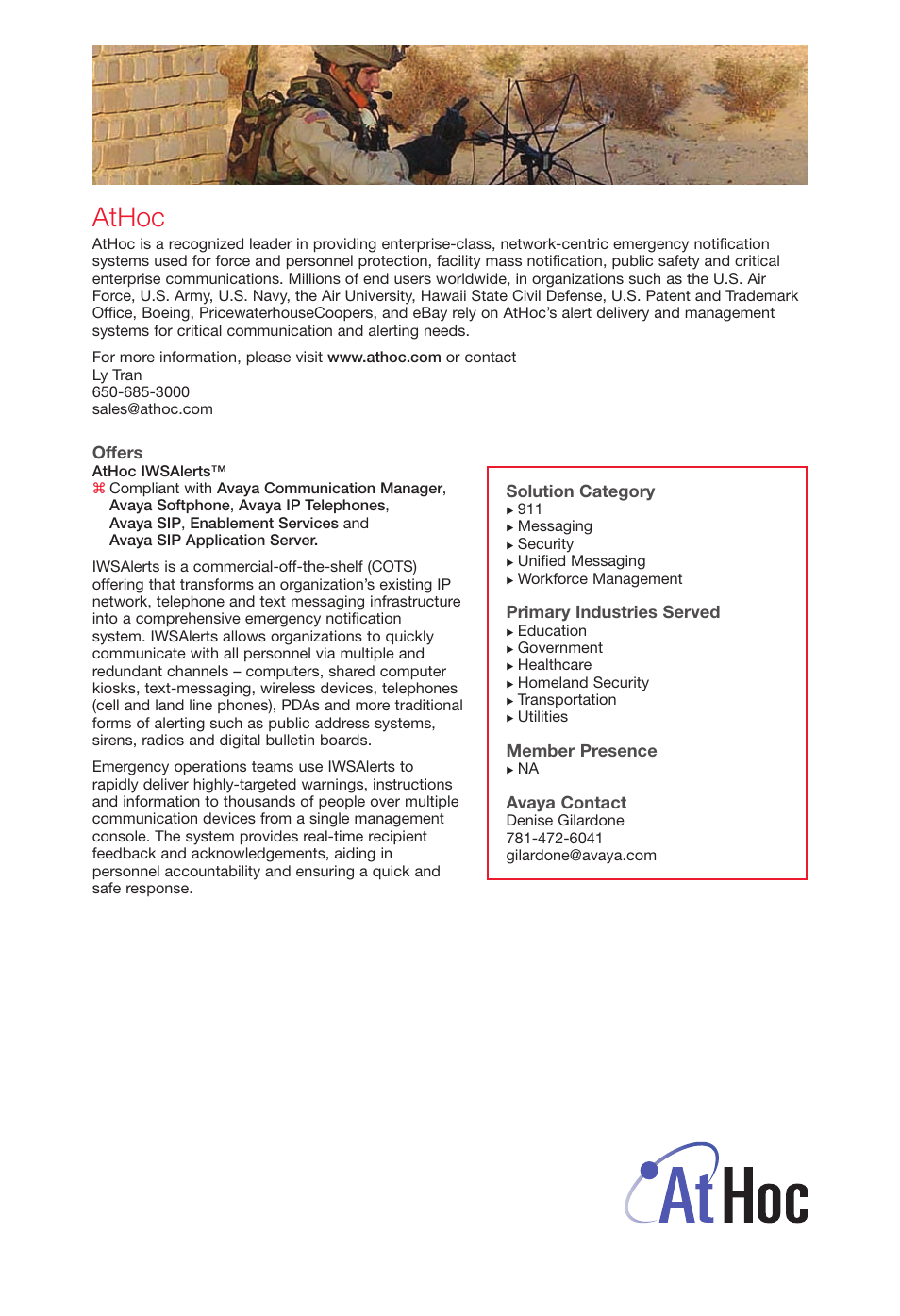 Athoc, Offers, Solution category | Primary industries served, Member presence, Avaya contact | Avaya Innovations 2 User Manual | Page 7 / 51