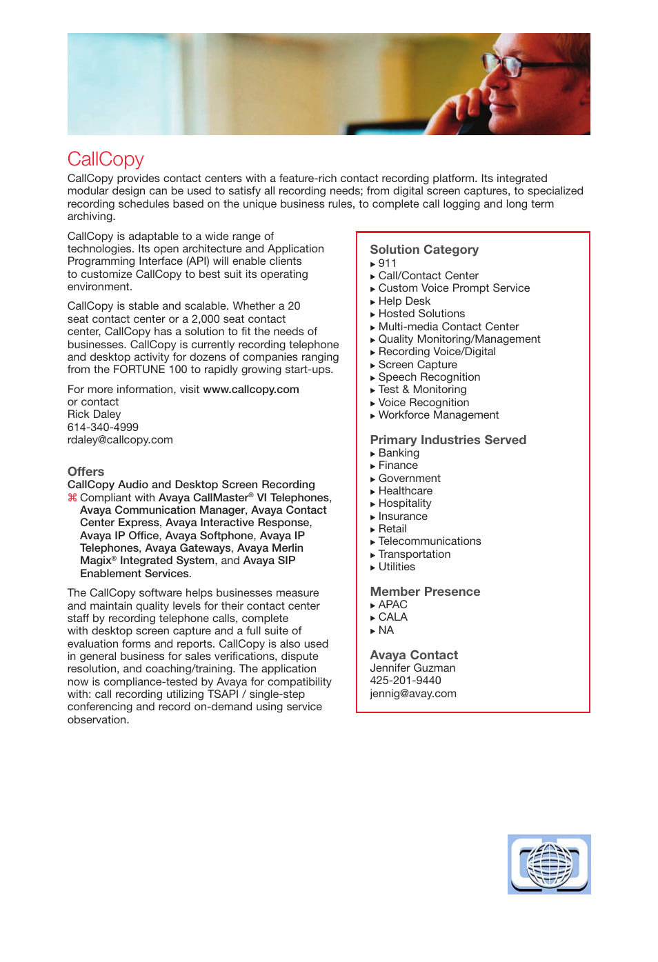 Callcopy, Offers, Solution category | Primary industries served, Member presence, Avaya contact | Avaya Innovations 2 User Manual | Page 8 / 51