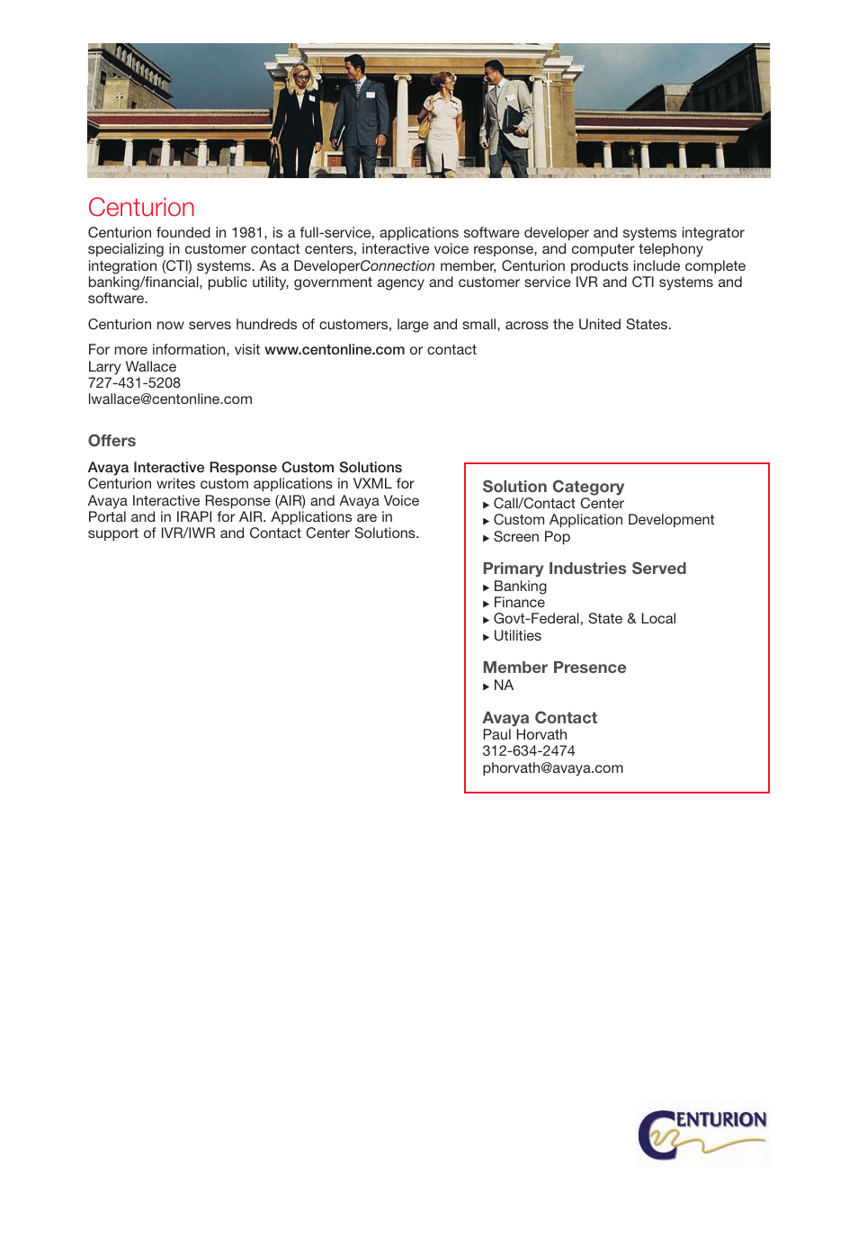 Centurion, Offers, Solution category | Primary industries served, Member presence, Avaya contact | Avaya Innovations 2 User Manual | Page 9 / 51