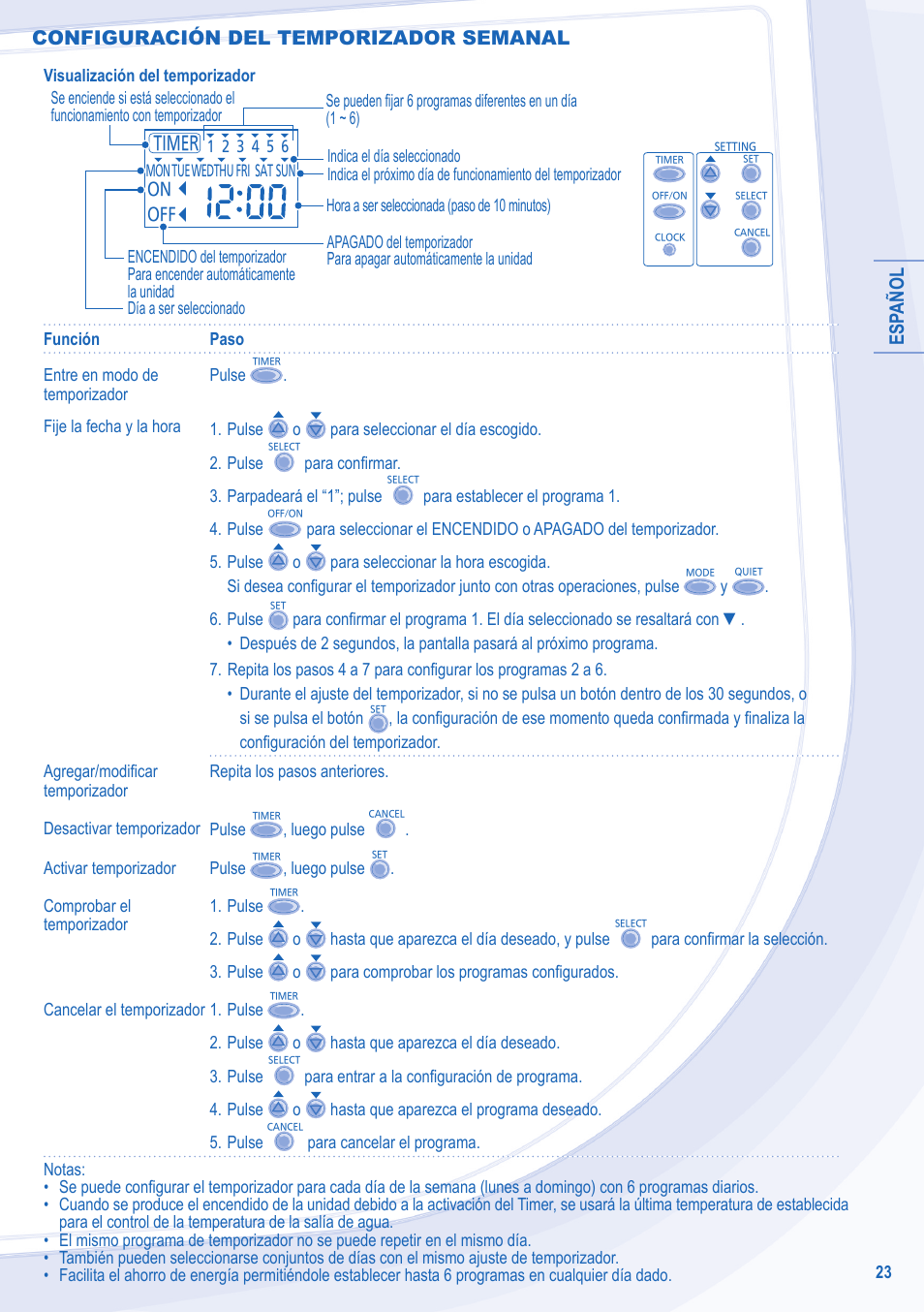 Esp añol, Configuración del temporizador semanal | Panasonic WHSDF09C3E5 User Manual | Page 7 / 12