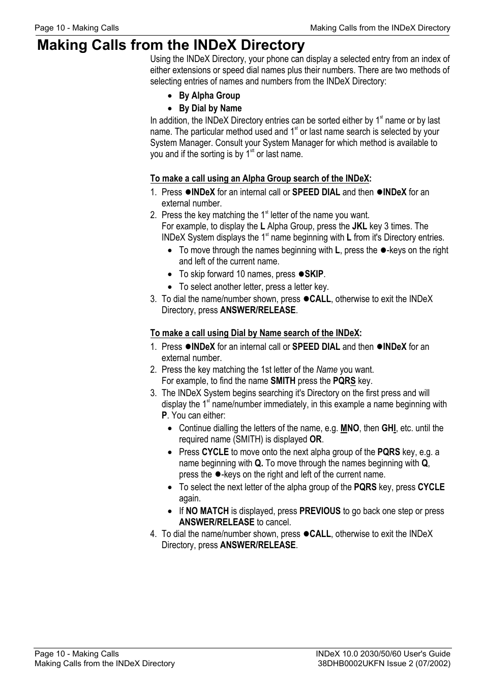 Making calls from the index directory | Avaya INDeX 2030 User Manual | Page 10 / 50