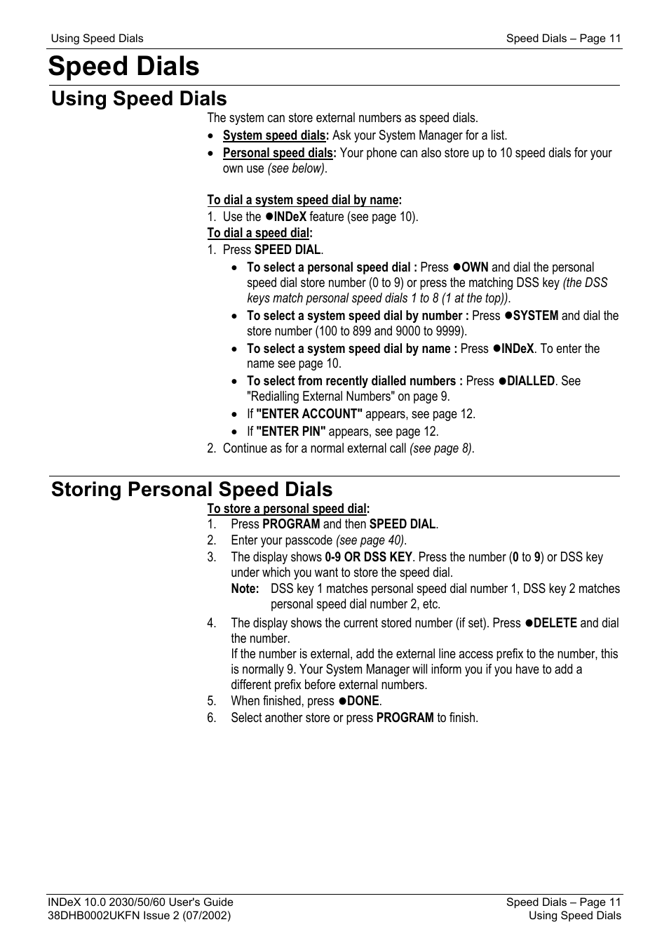 Speed dials, Using speed dials, Storing personal speed dials | Avaya INDeX 2030 User Manual | Page 11 / 50