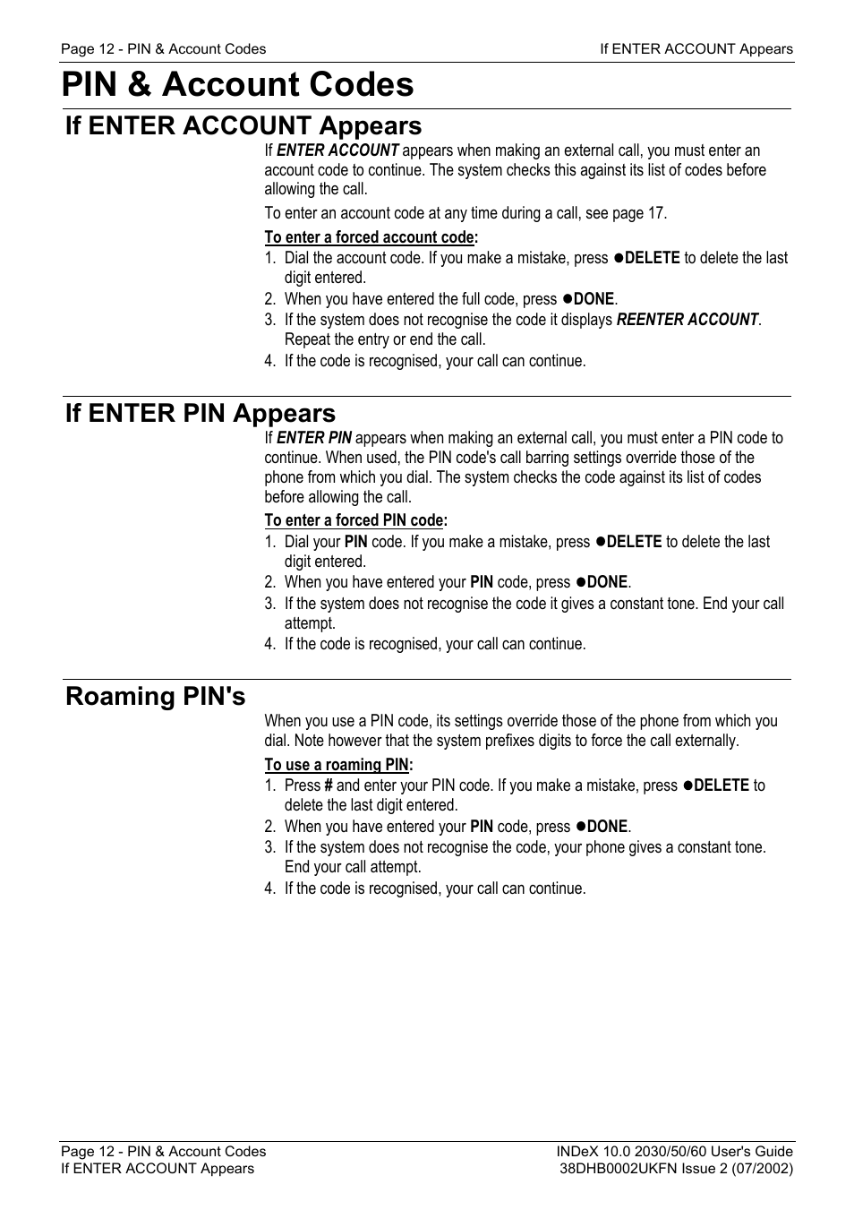 Pin & account codes, If enter account appears, If enter pin appears | Roaming pin's | Avaya INDeX 2030 User Manual | Page 12 / 50