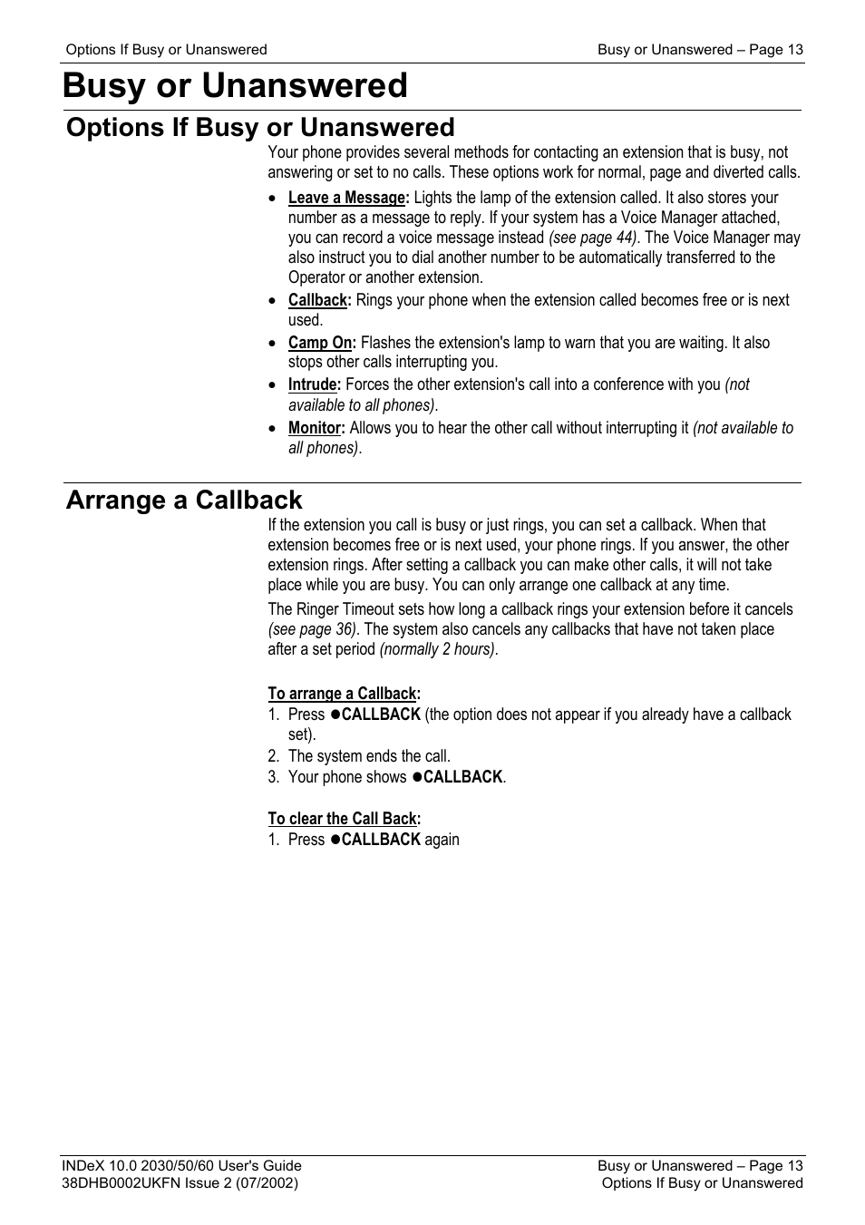 Busy or unanswered, Options if busy or unanswered, Arrange a callback | Avaya INDeX 2030 User Manual | Page 13 / 50