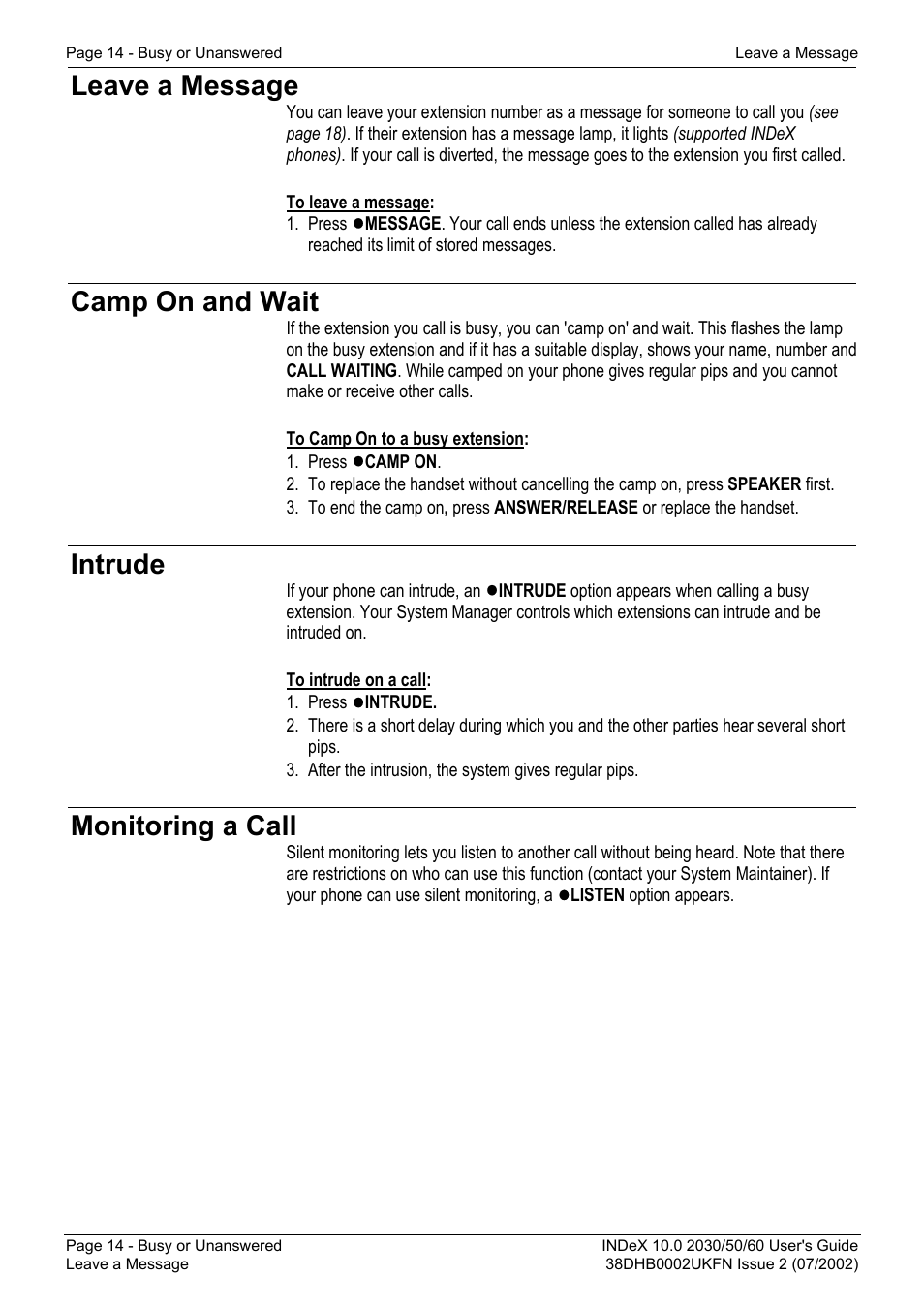 Leave a message, Camp on and wait, Intrude | Monitoring a call | Avaya INDeX 2030 User Manual | Page 14 / 50