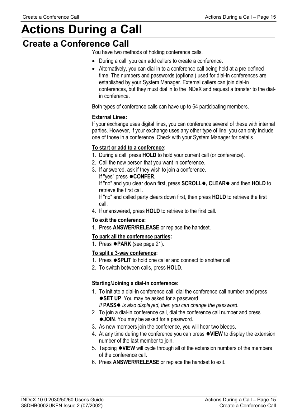Actions during a call, Create a conference call | Avaya INDeX 2030 User Manual | Page 15 / 50