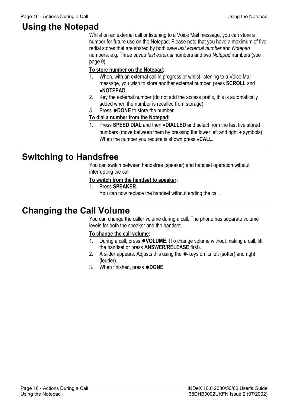 Using the notepad, Switching to handsfree, Changing the call volume | Avaya INDeX 2030 User Manual | Page 16 / 50