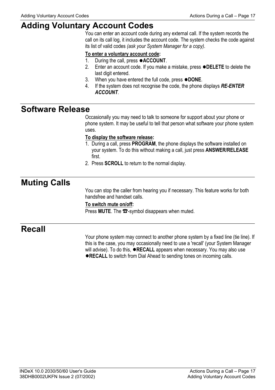 Adding voluntary account codes, Software release, Muting calls | Recall | Avaya INDeX 2030 User Manual | Page 17 / 50