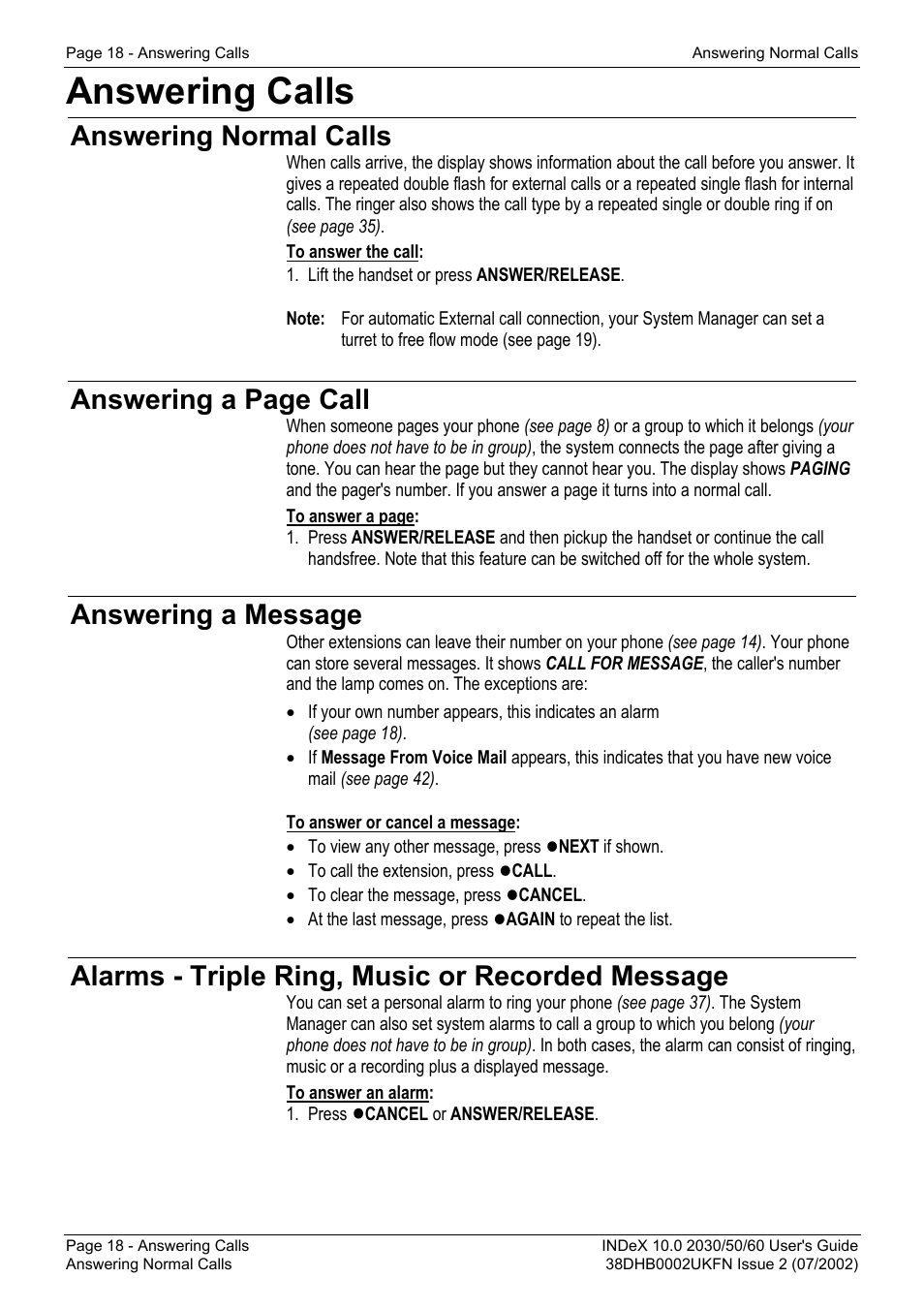 Answering calls, Answering normal calls, Answering a message | Alarms - triple ring, music or recorded message, Answering a page call | Avaya INDeX 2030 User Manual | Page 18 / 50
